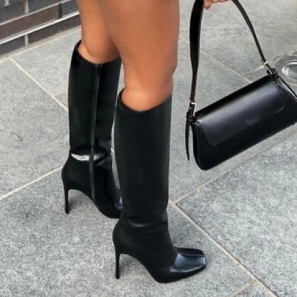 Zara NWOT Black square toe knee high boots premium faux leather heeled boots - Picture 14 of 15